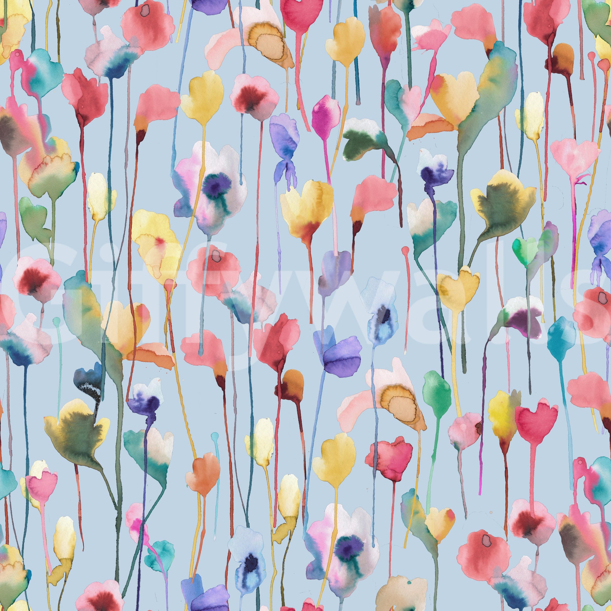 Peaceful wall mural with pale blue flowers in artistic style.

