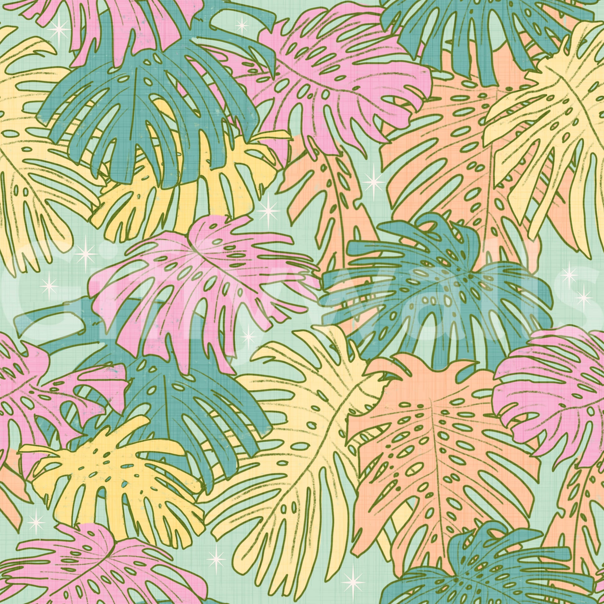 Wallpaper featuring pastel tropical Monstera leaves and soft aqua shades.


