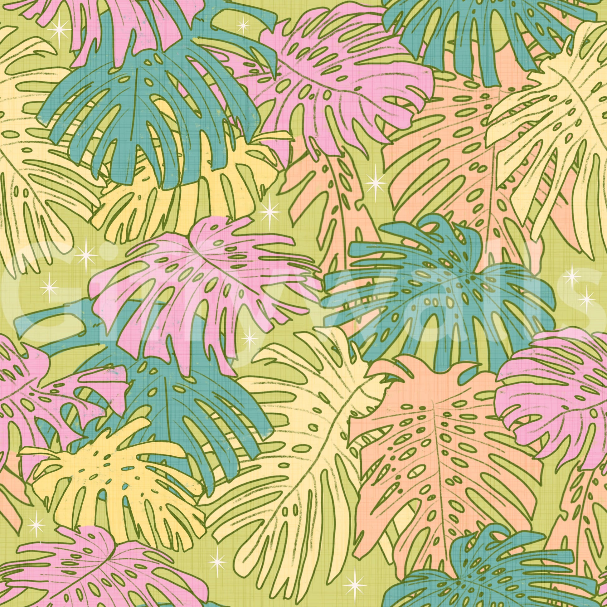 Retro wallpaper design with Monstera and palm leaves in pastel green and pink.

