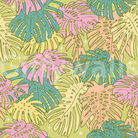 Retro wallpaper design with Monstera and palm leaves in pastel green and pink.

