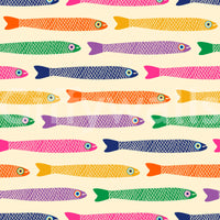 Tropical-inspired wallpaper with bright anchovies on a soft neutral cream base.

