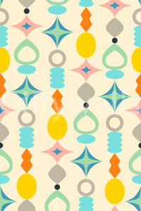Geometric mid-century modern wallpaper with vibrant colors and cream base.

