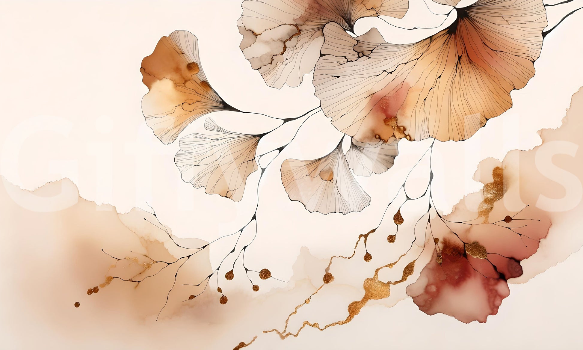 Fall-themed wall mural with ginkgo leaves in warm, golden amber hues.

