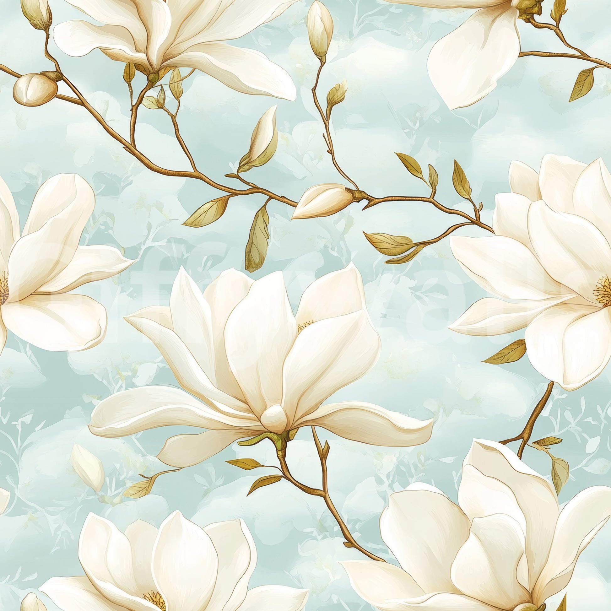 Soft-toned floral wallpaper mural with magnolia blossoms.

