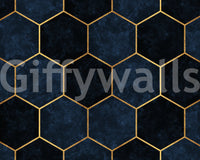 Metallic-accented hexagon wall mural in luxurious midnight blue.

