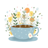 Tea set mural with soft floral background in pastel shades


