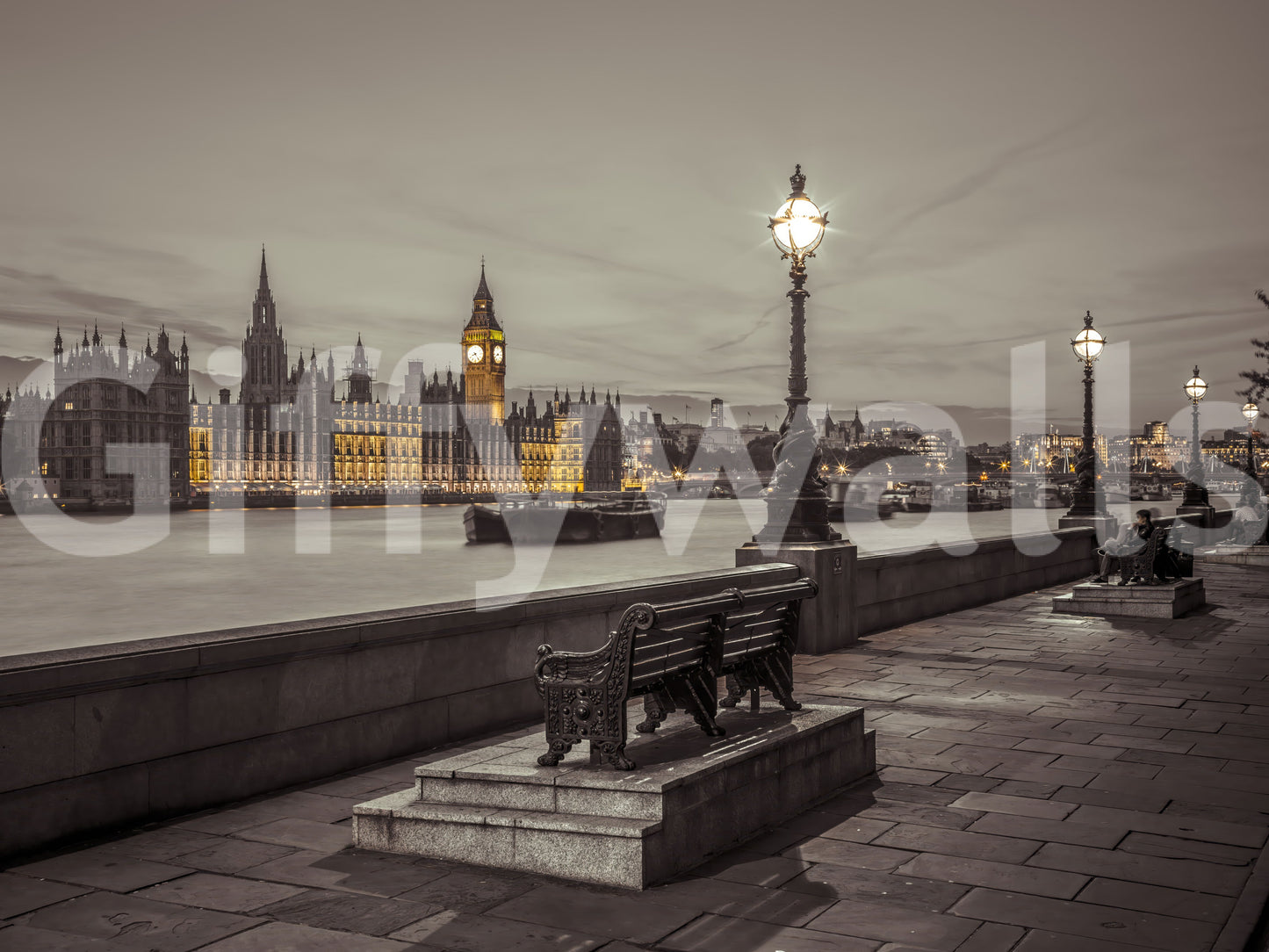 Vintage-inspired Embankment mural with river and city skyline.

