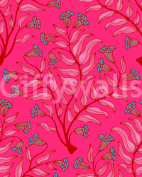 Cherry red botanical wall covering in damask style

