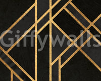 Urban-inspired wall mural with sharp black design details.

