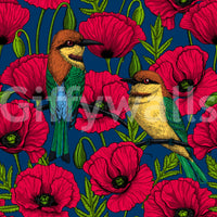 Dark blue floral wallpaper with bird illustrations

