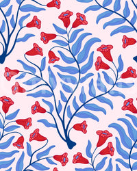 Vintage botanical design with bold red and pink accents

