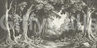 Neutral gray forest mural with atmospheric depth

