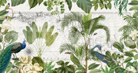 Vintage exploration mural with birds and leaves