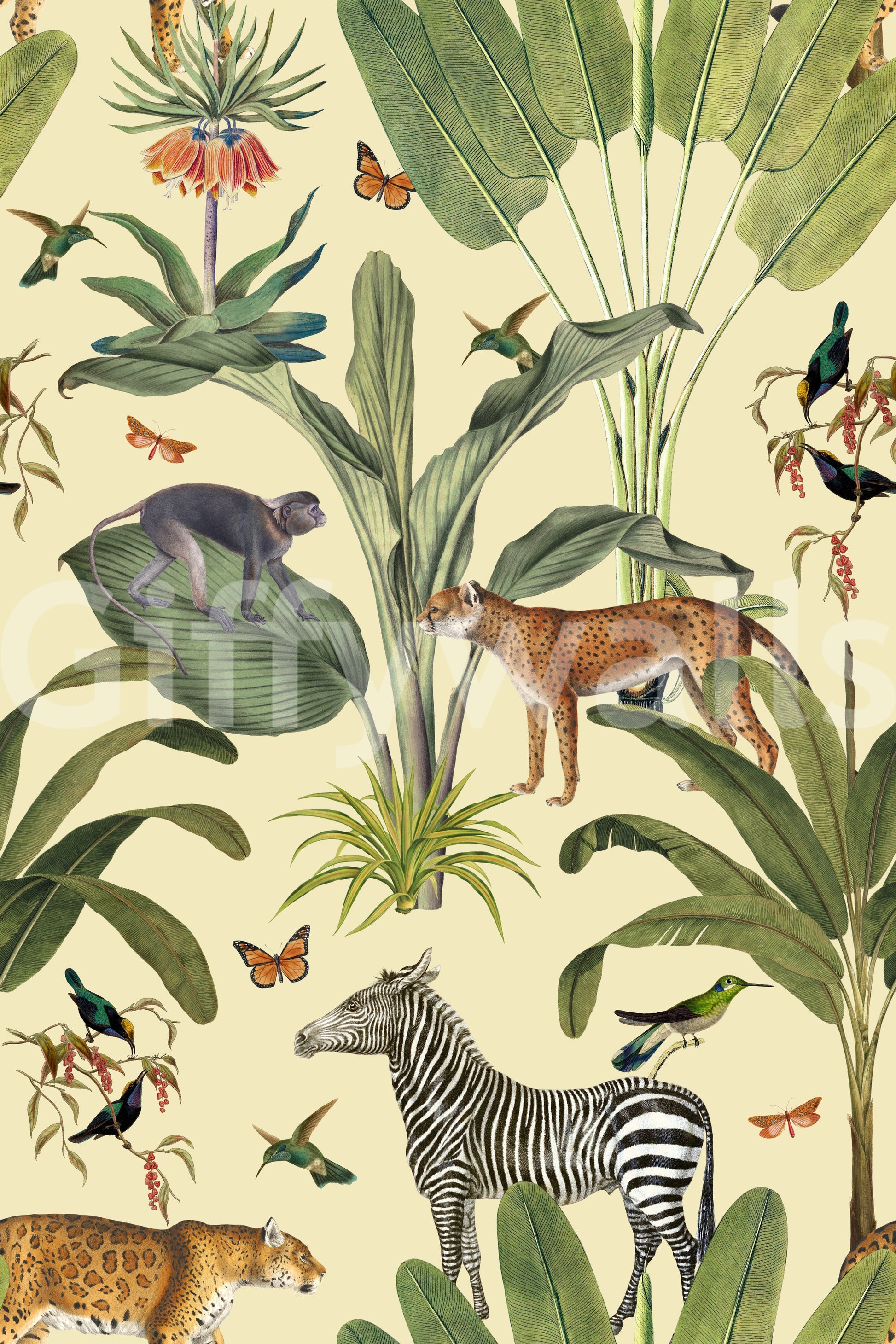 Wildlife mural with plants and birds

