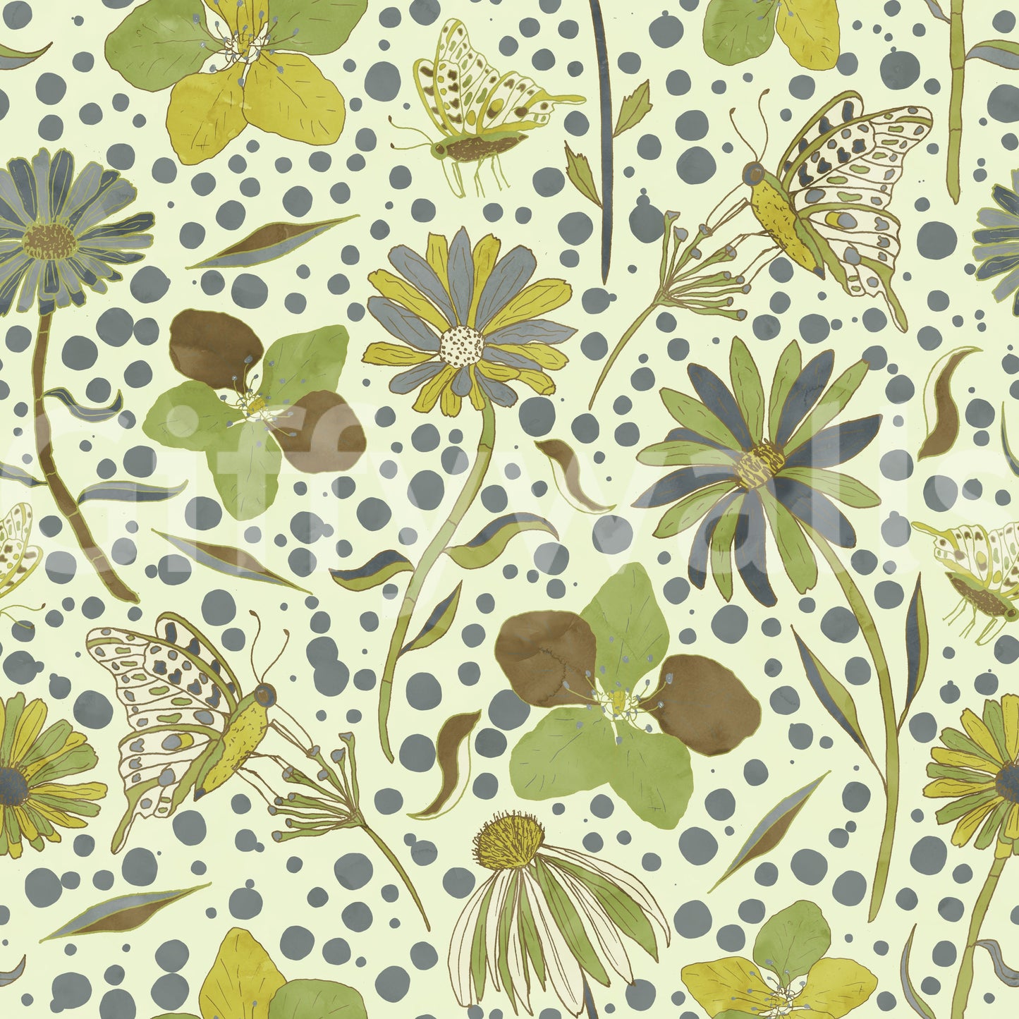 Close-up of a green flower on the wallpaper.

