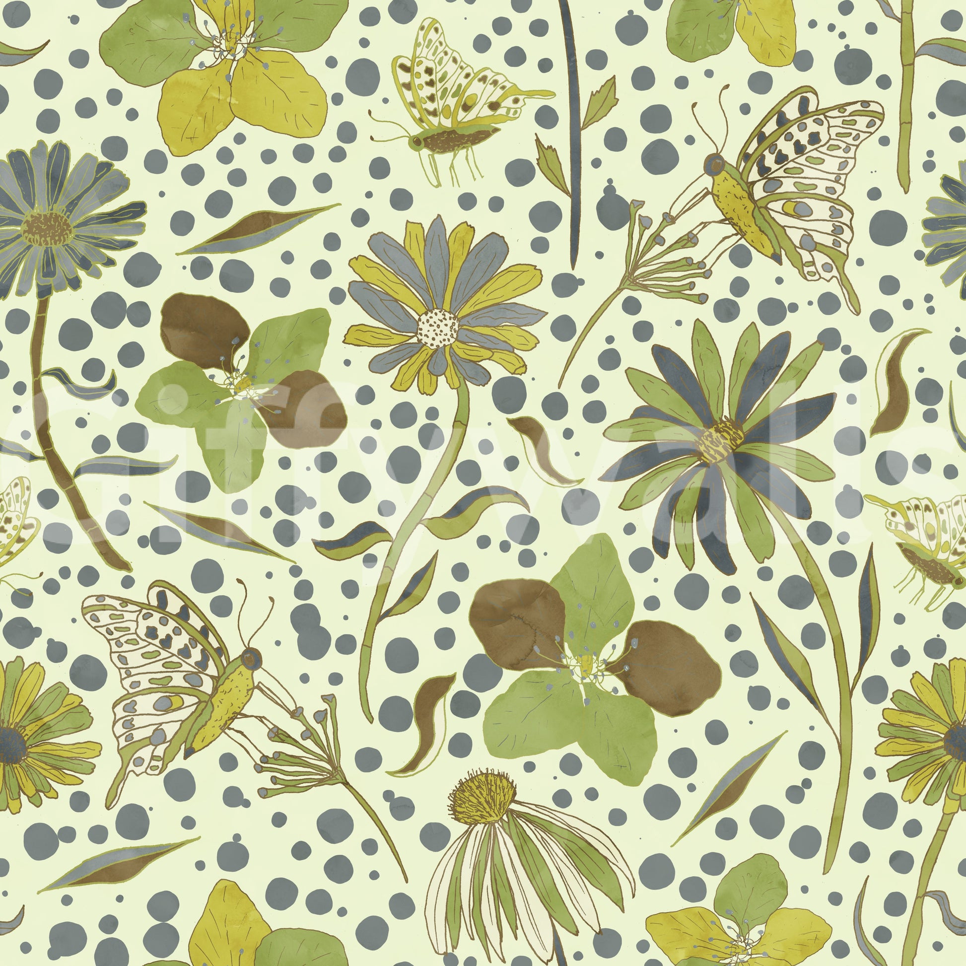 Close-up of a green flower on the wallpaper.

