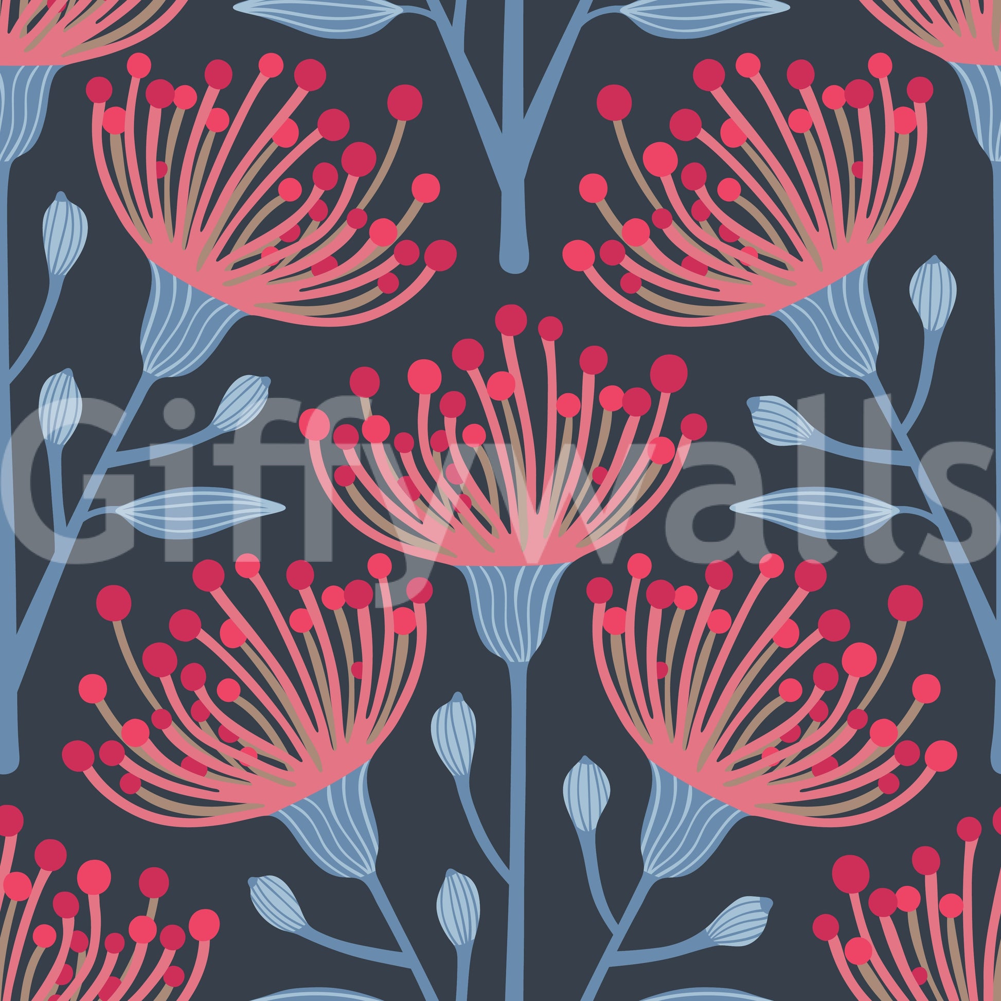 The eucalyptus and floral shapes are a central focus of the image.

