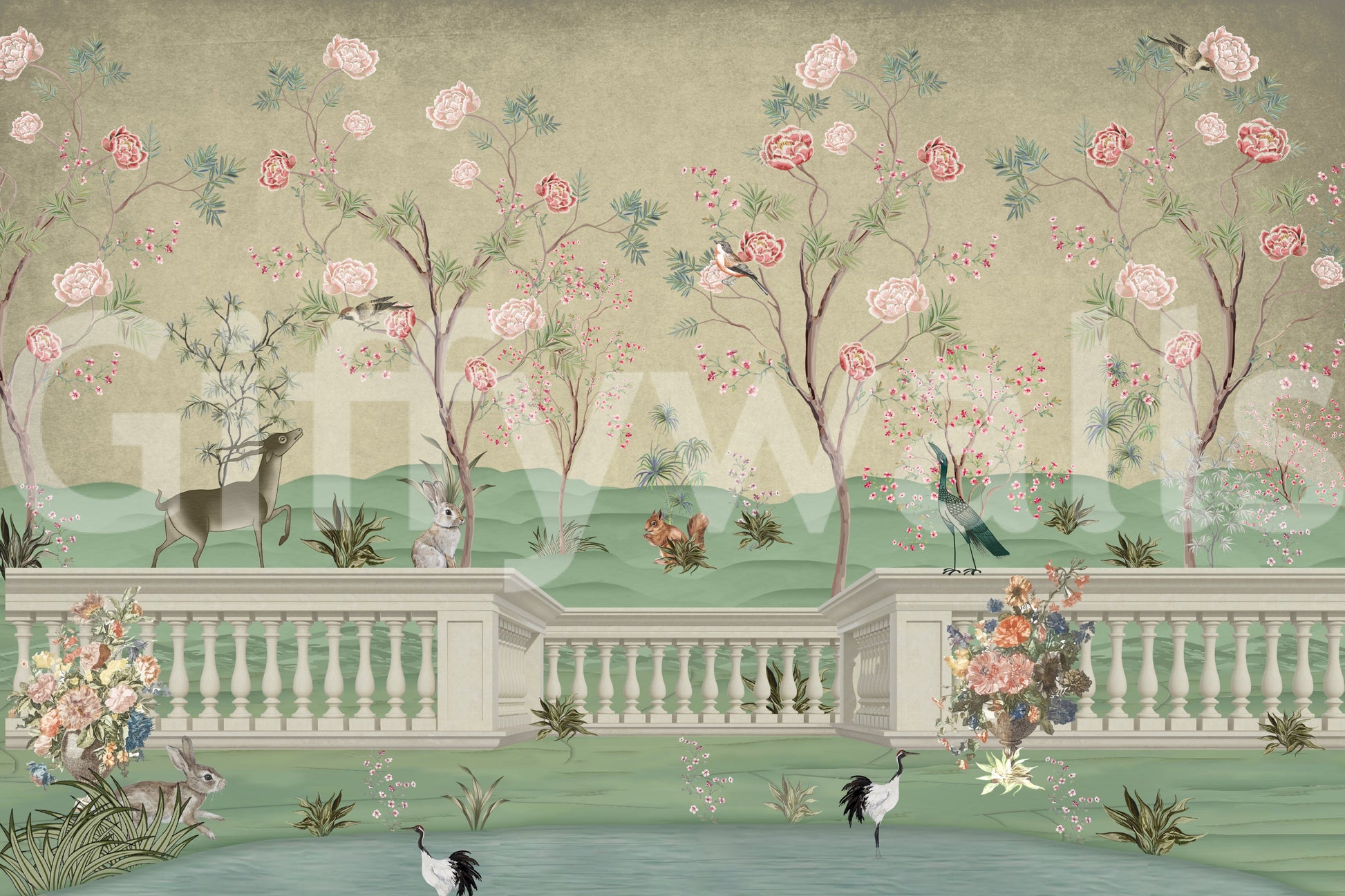 The style is a soft-focus illustration or a painterly design.

