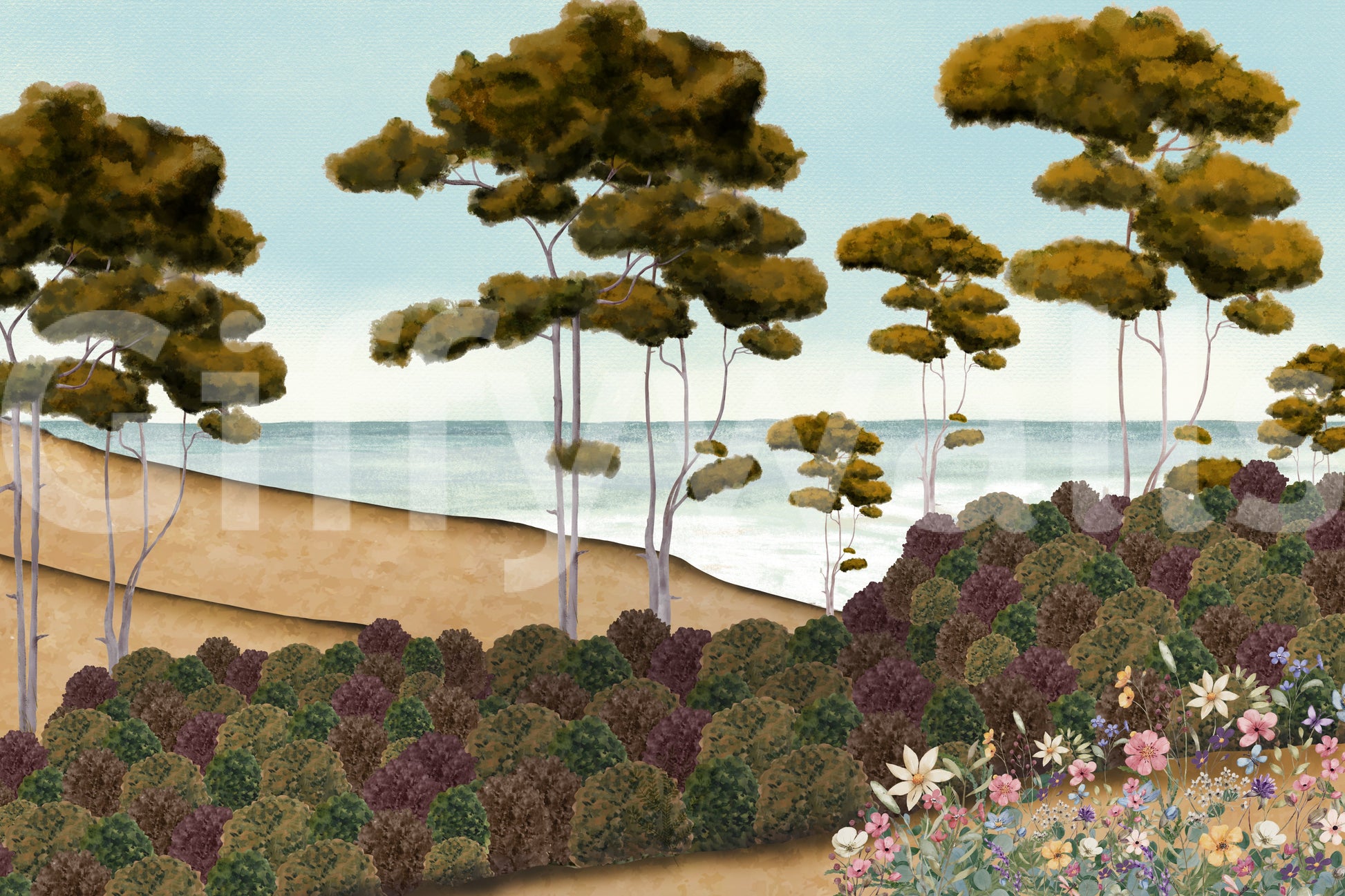 The style is a soft-focus illustration or a painterly design.

