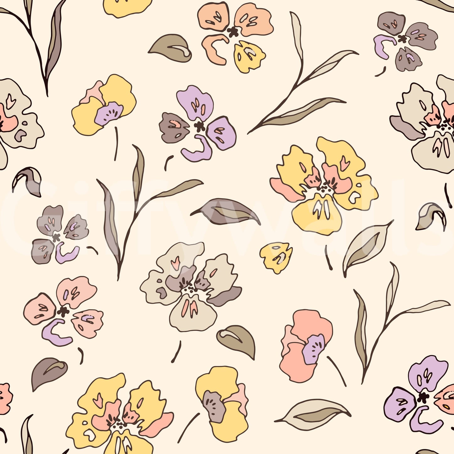 A seamless pattern of flowers and leaves on a wall

