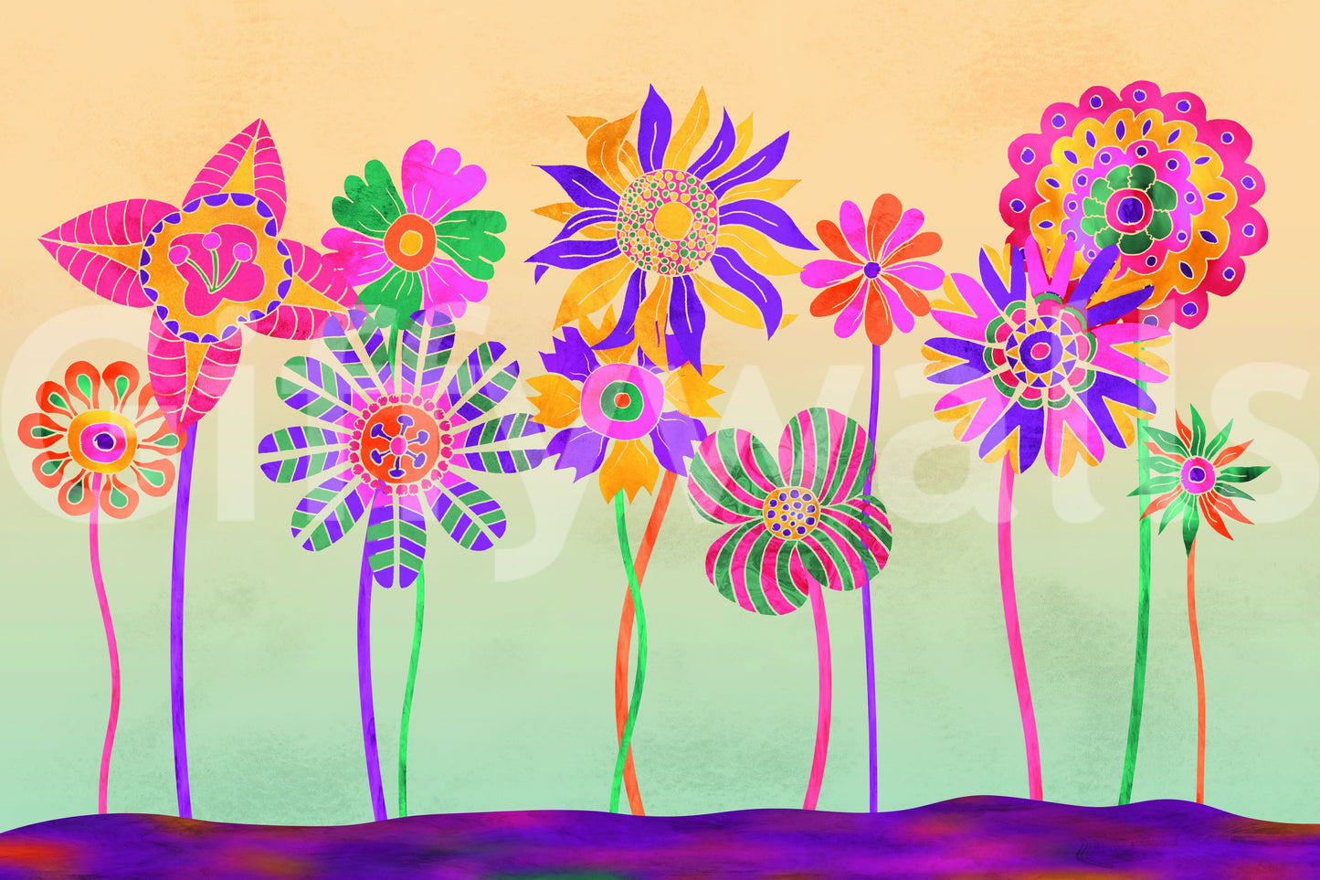 Whimsical Fantasy Flowers Wall Mural