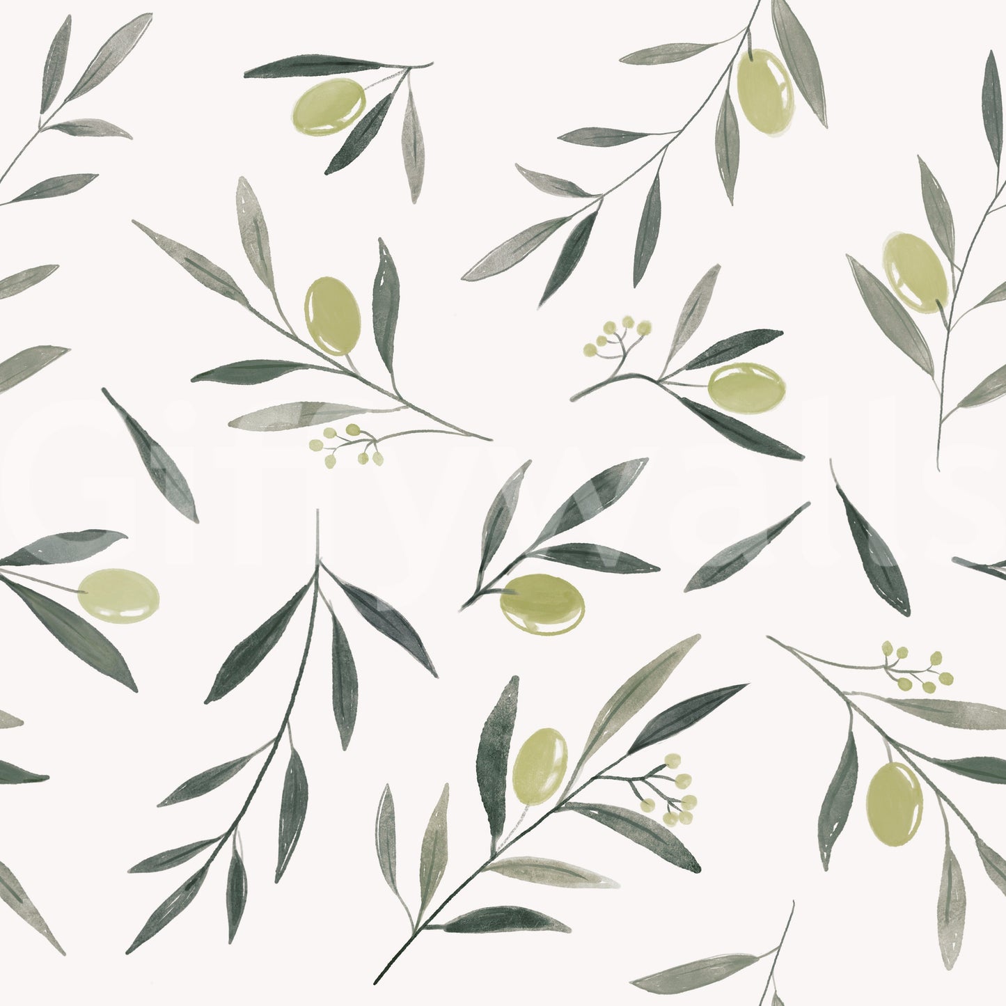 Watercolor Olive Garden Leaves and Fruit Wallpaper⁠