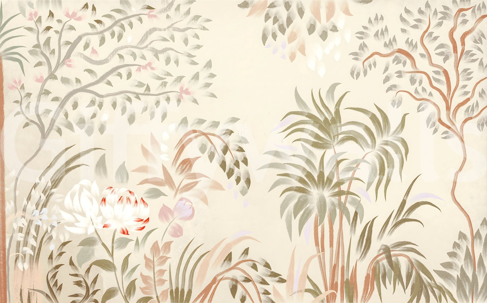 Exquisite floral fantasy Garden Whispers wallpaper sophisticated light toned pattern.