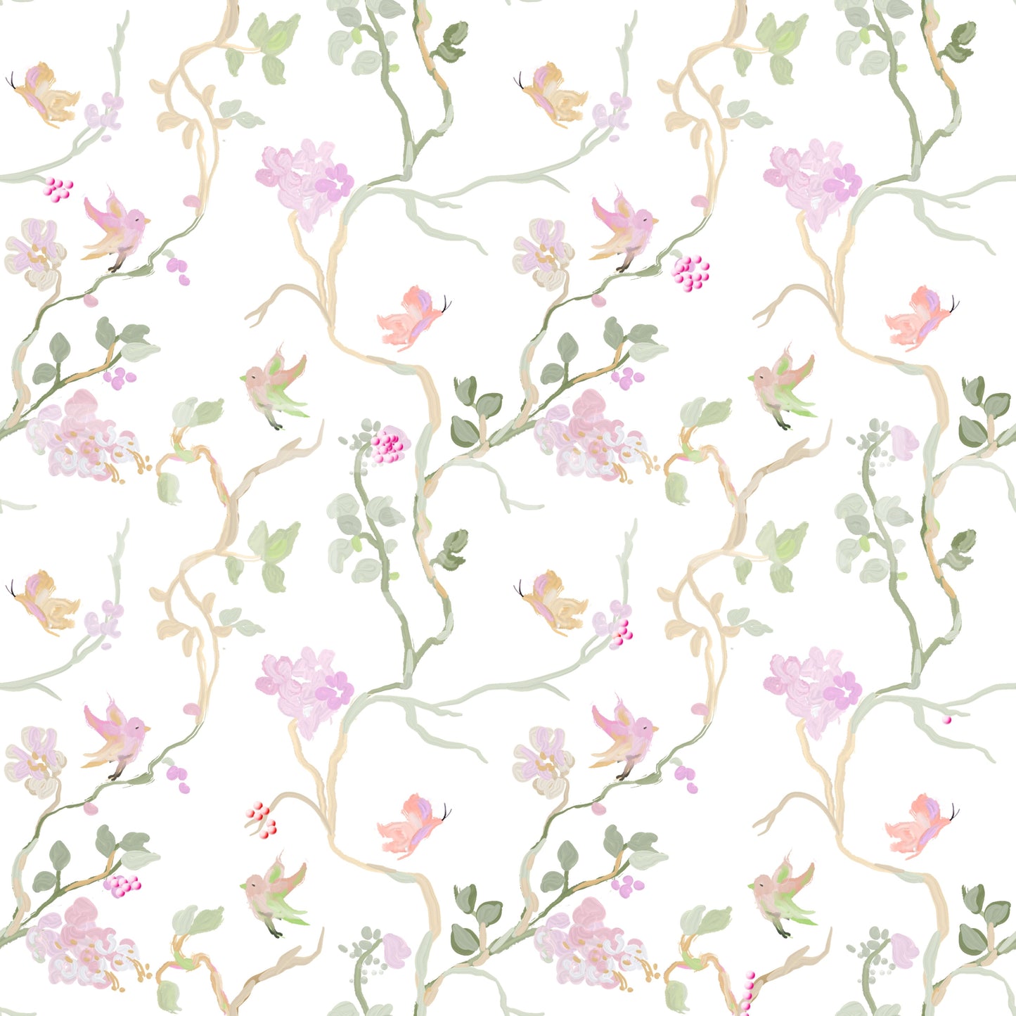 spring floral wallpaper with dainty blossoms and bird motifs