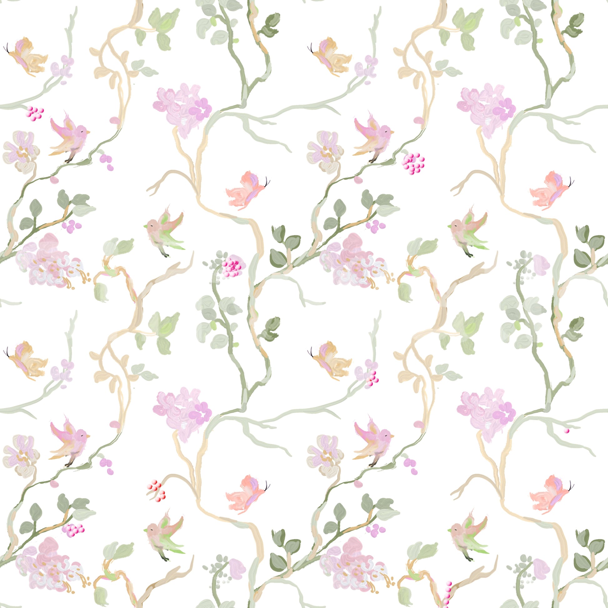 spring floral wallpaper with dainty blossoms and bird motifs