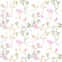 spring floral wallpaper with dainty blossoms and bird motifs