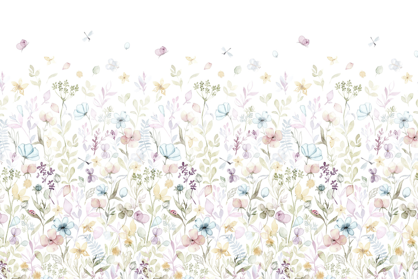A whimsical wallpaper with scattered watercolor petals and pastel blossoms rising from the bottom.