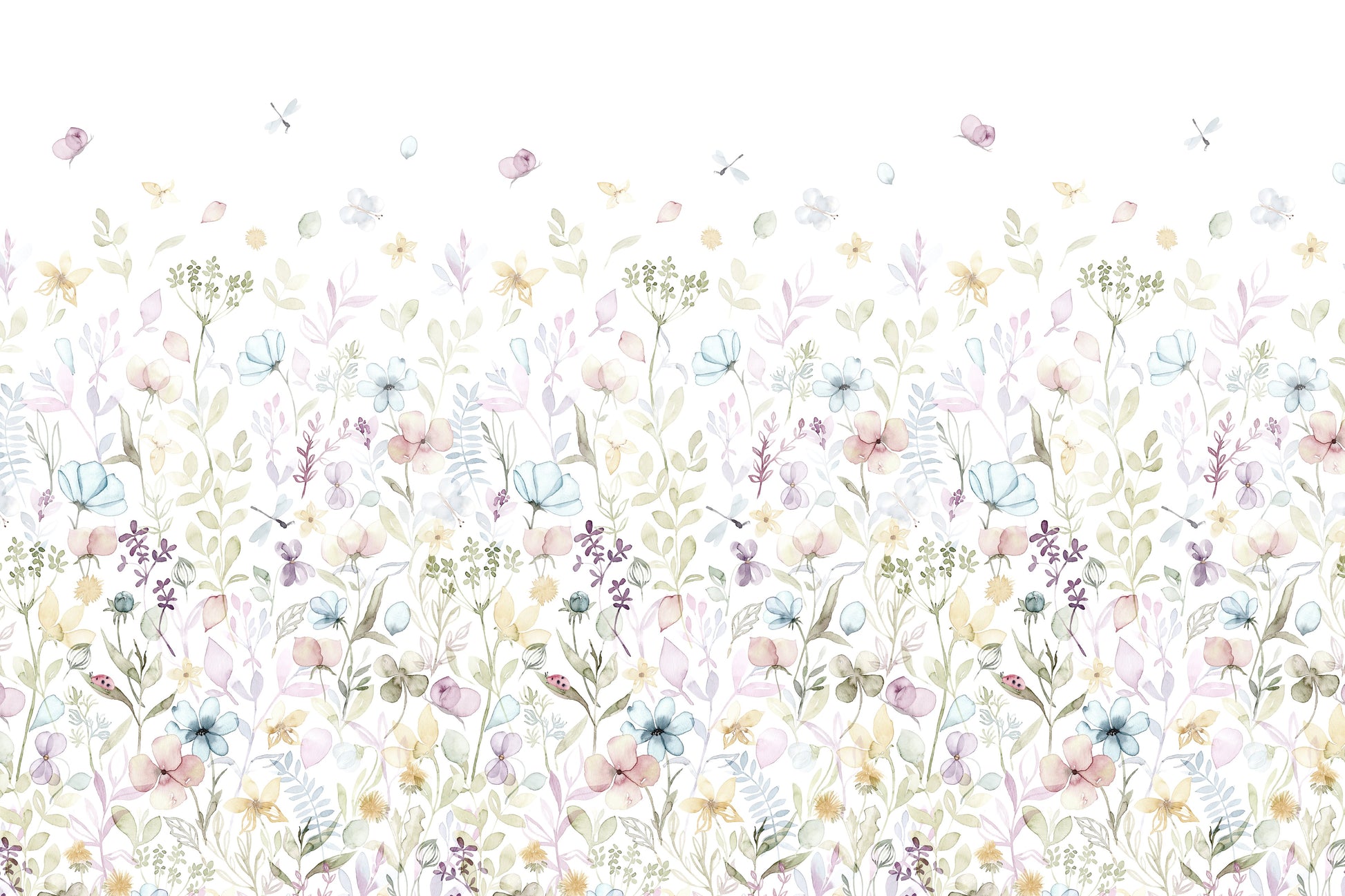 A whimsical wallpaper with scattered watercolor petals and pastel blossoms rising from the bottom.