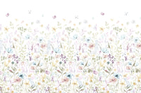 A whimsical wallpaper with scattered watercolor petals and pastel blossoms rising from the bottom.
