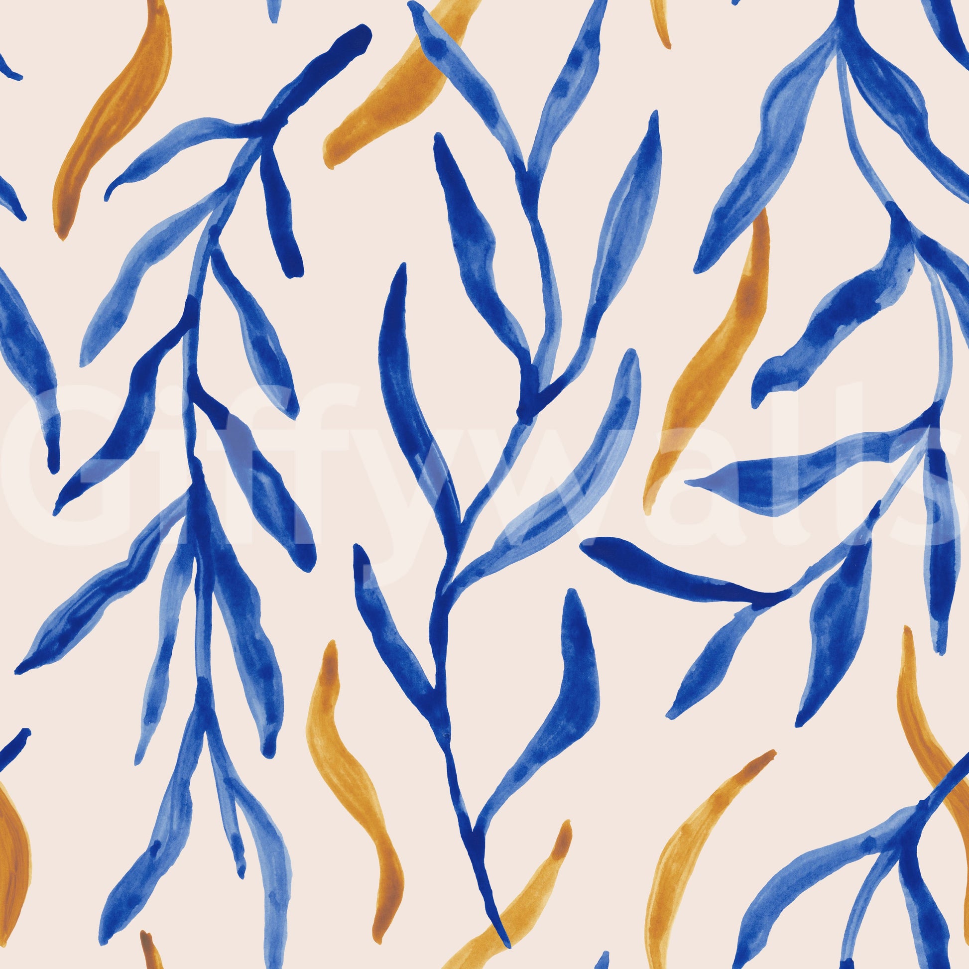 Soft watercolor foliage in blue paired with graceful gold embellishments.