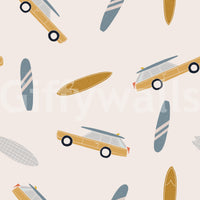 Soft-toned wallpaper filled with whimsical surfboards and tiny illustrated vans inspired by beach travel.