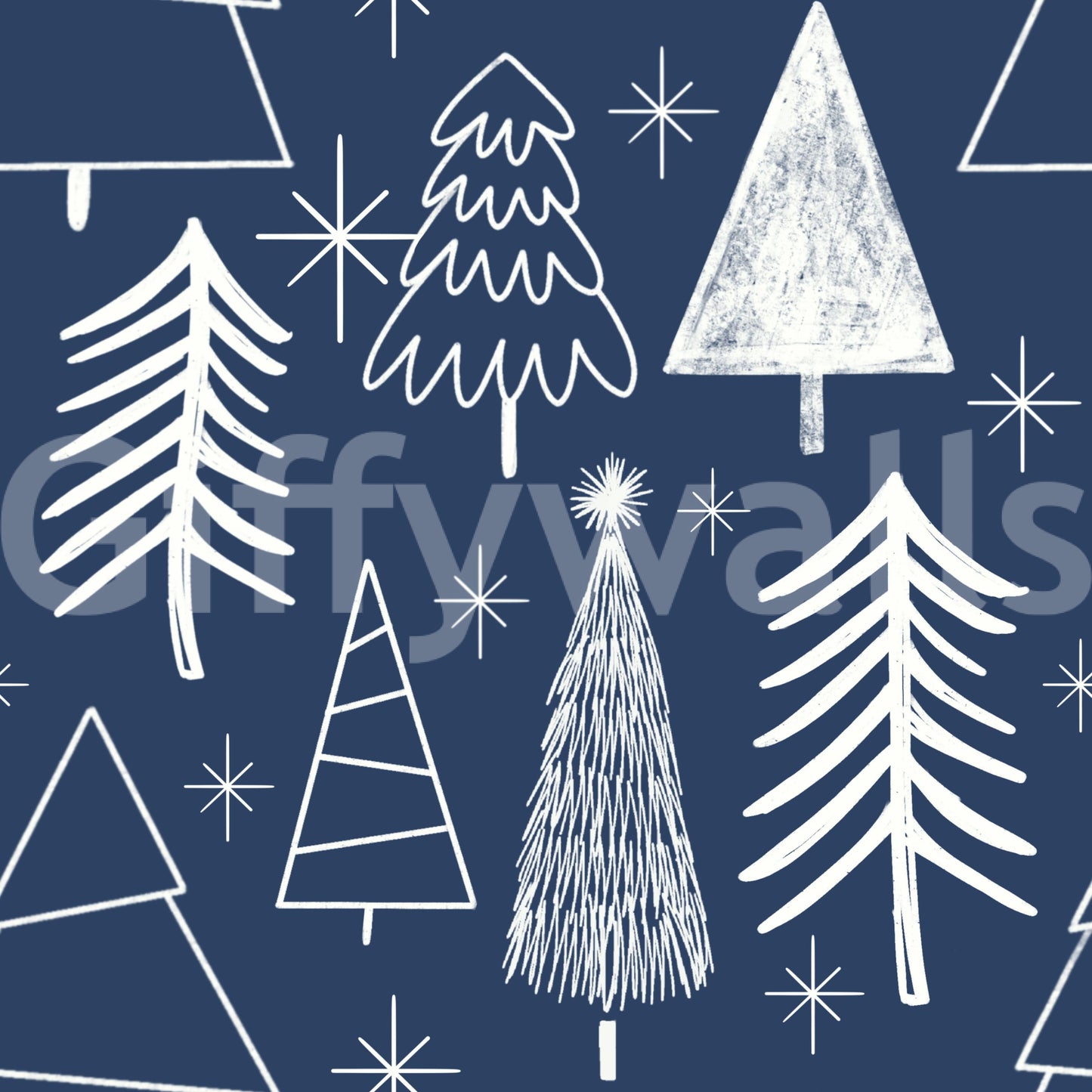 Navy wallpaper filled with playful, hand-drawn evergreen shapes for a wintery look.