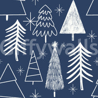 Navy wallpaper filled with playful, hand-drawn evergreen shapes for a wintery look.