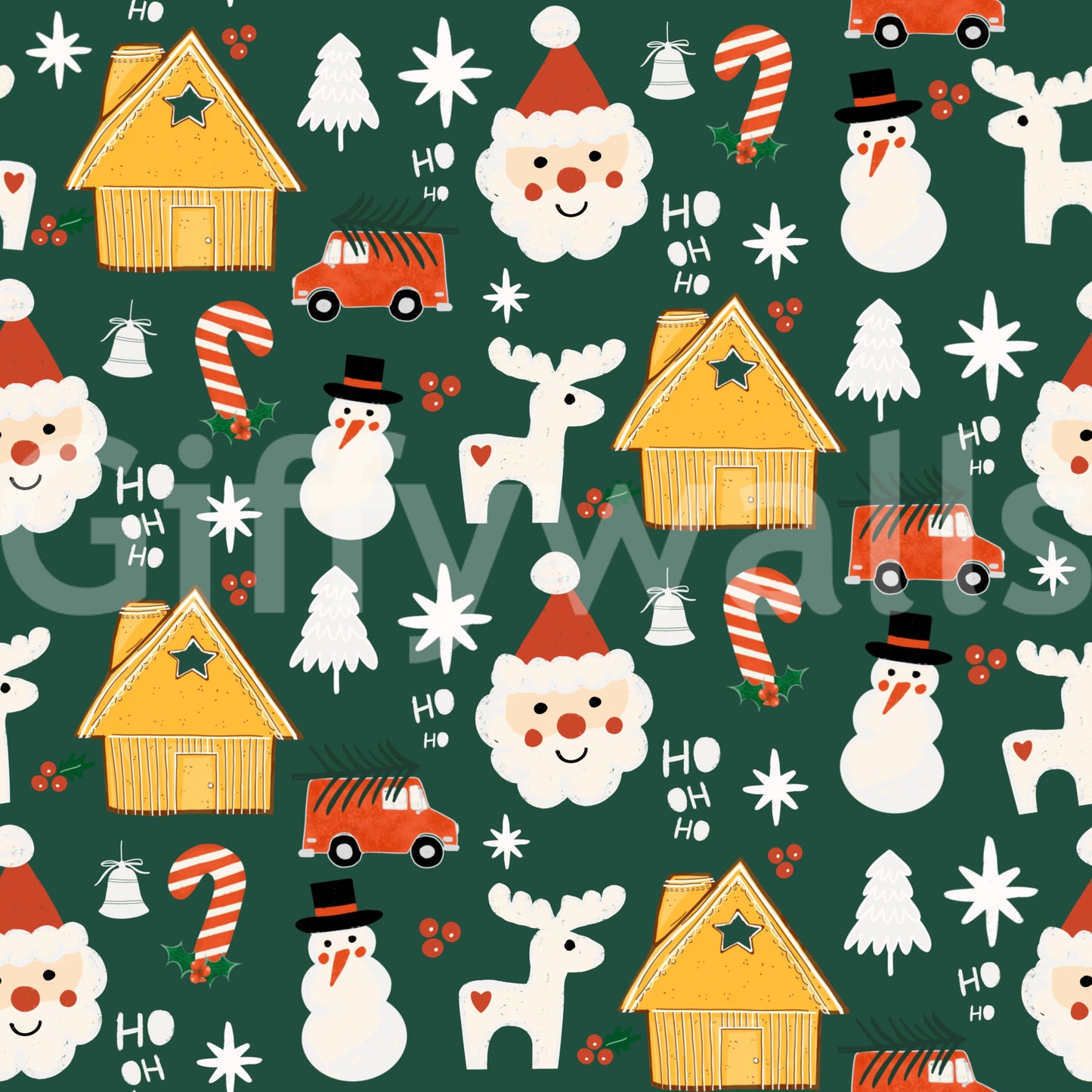 A vibrant Christmas wallpaper decorated with seasonal elements including candy canes, Santa, and snowy cabins.
