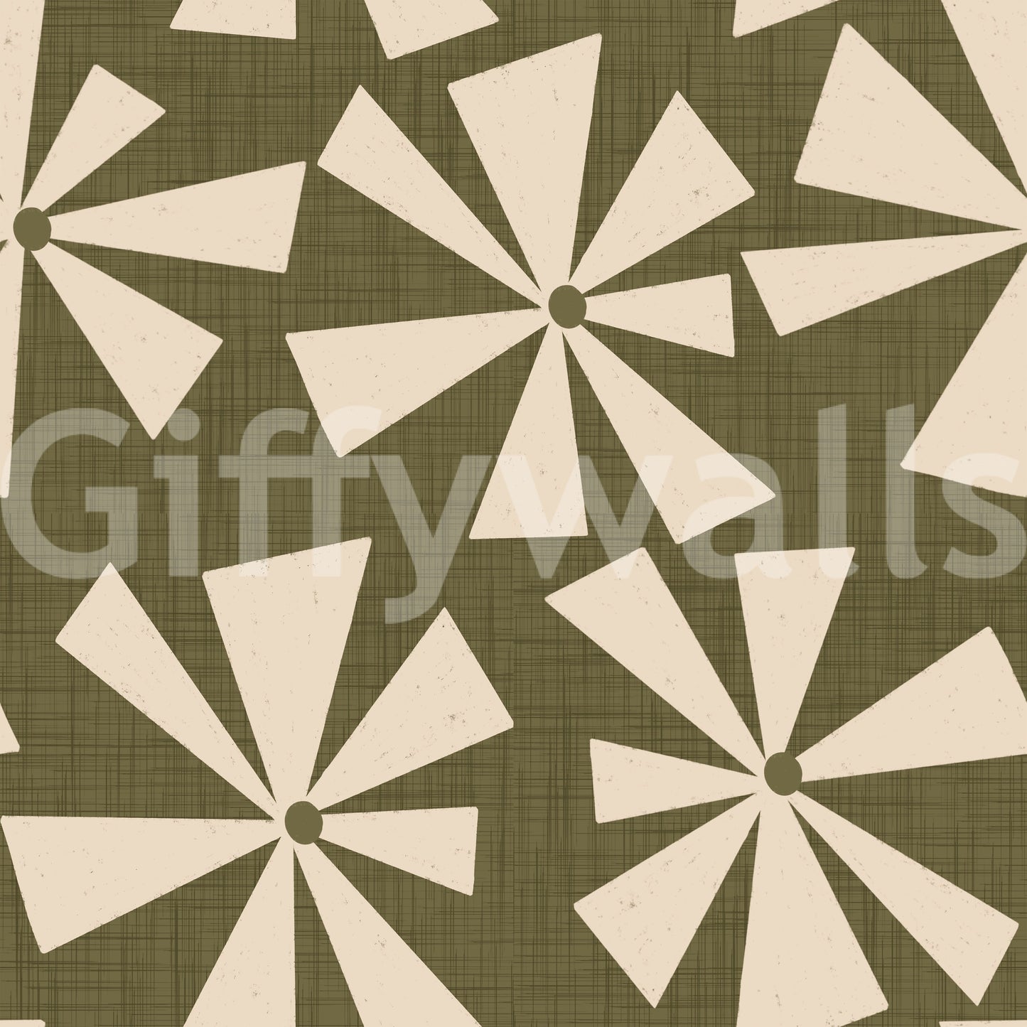 Soft geometric wallpaper with retro pinwheel bursts in a warm, earthy palette.