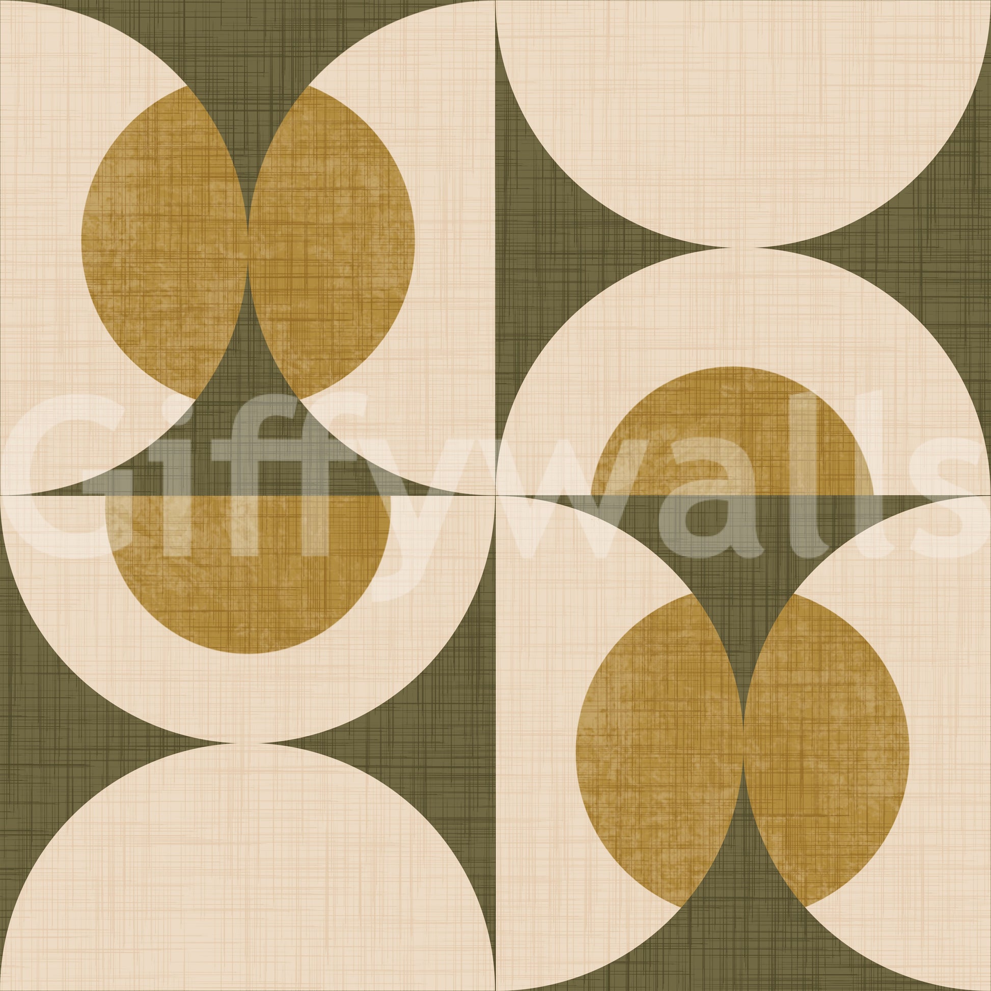 Patterned wallpaper featuring mid-century curves and circular shapes in earthy tones.