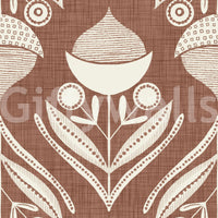 Repeating earth-inspired motif with curved leaves, circular buds, and textured pods on a warm background