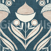 Decorative wallpaper with repeating geometric flowers, small buds, and sweeping leaf forms.