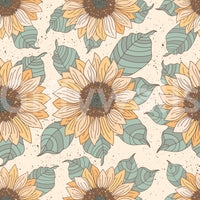 Rustic sunflower wallpaper with warm petals, teal leaves, and fine speckled background details.