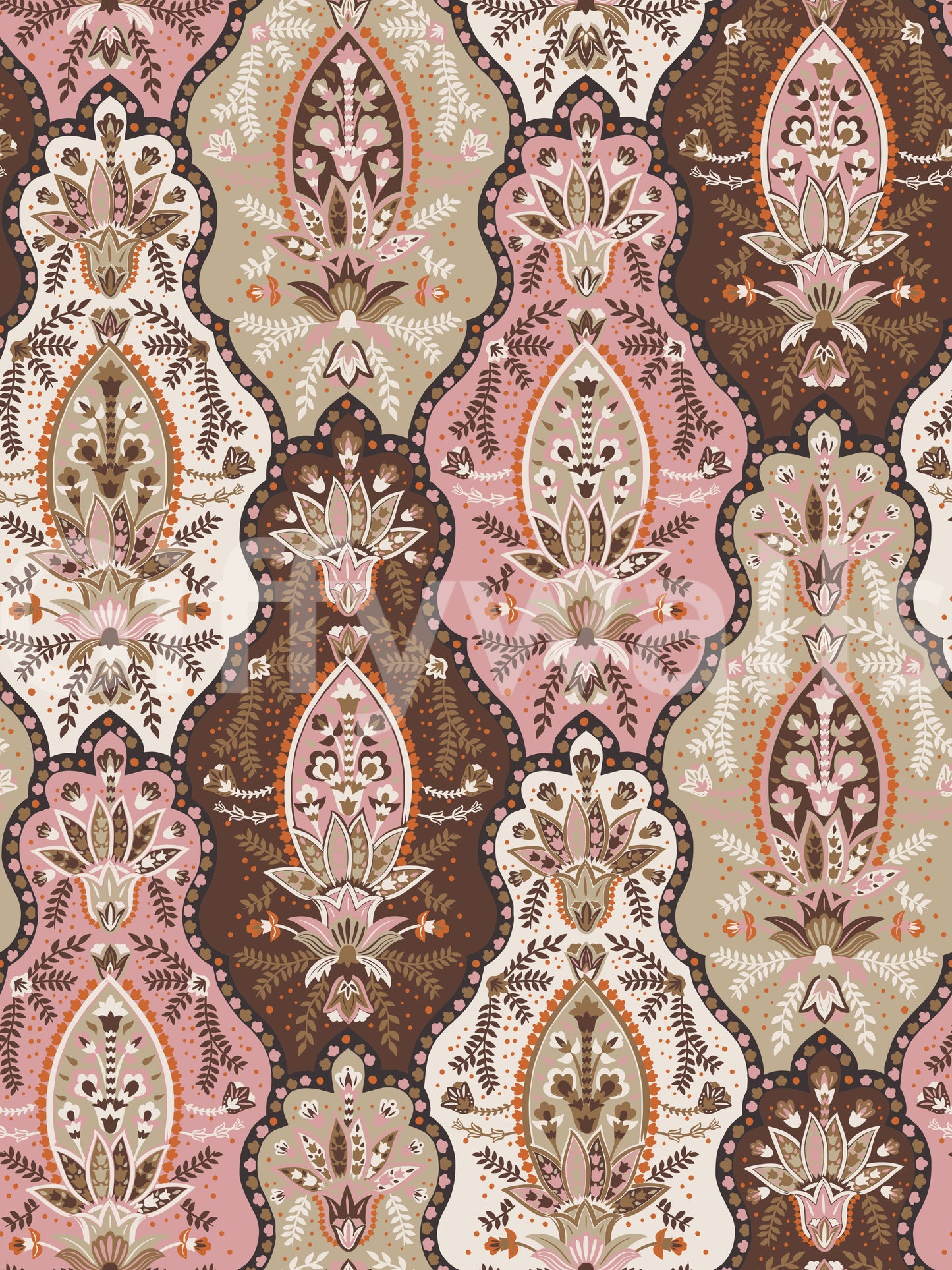 Classic wallpaper mural featuring a woven arrangement of floral and ornamental elements.