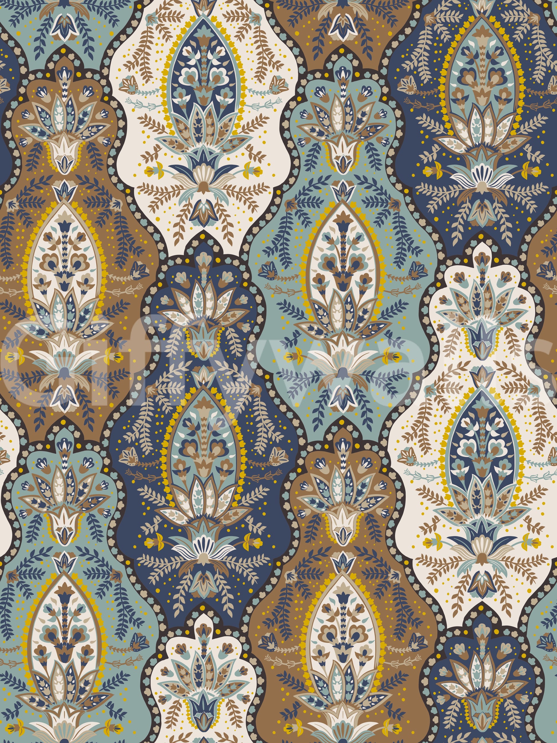 Classic boho paisley wallpaper with intricate linework and a mix of dark and light tones.