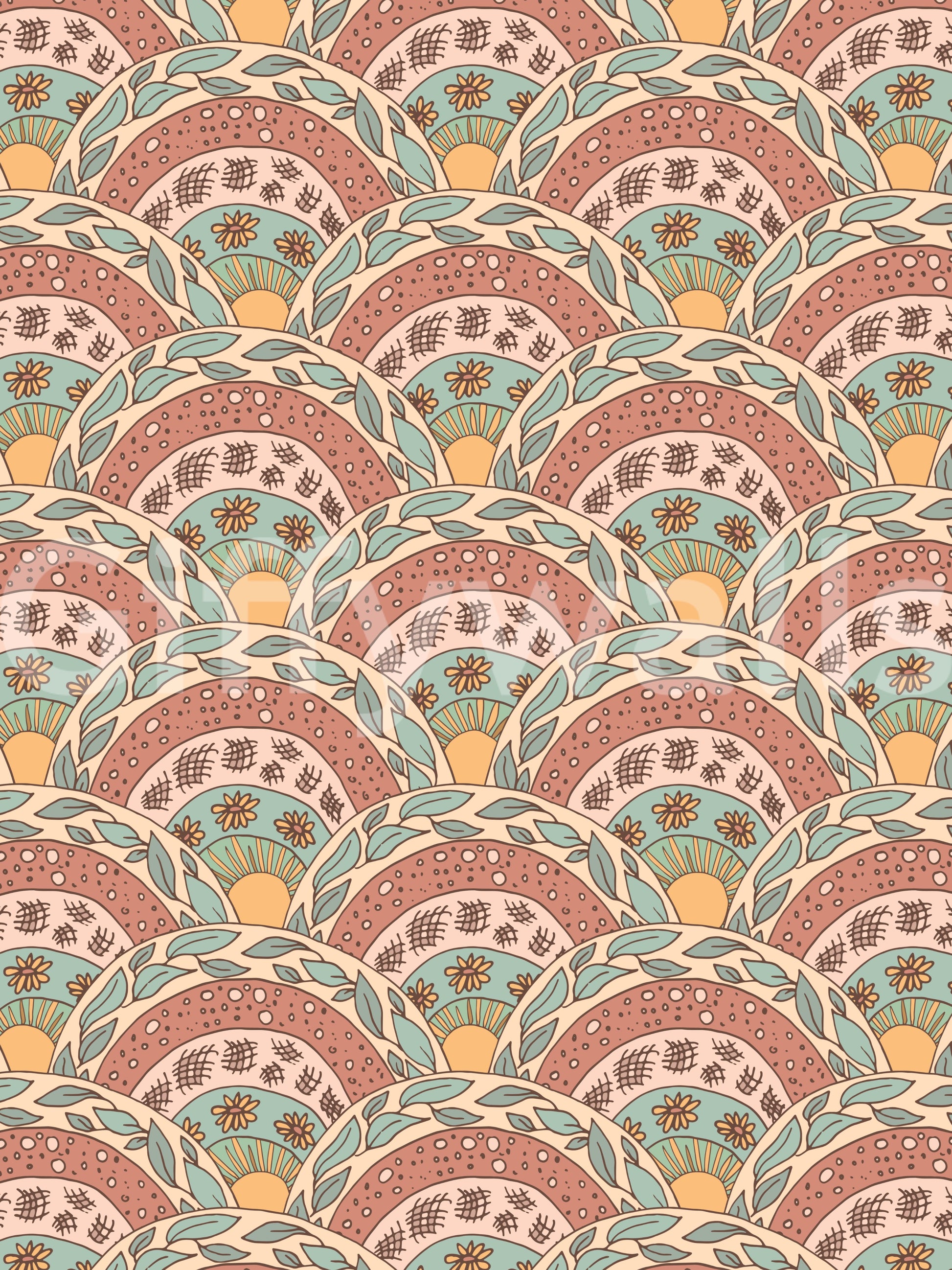 Stylized boho flowers with radiant centers creating a dreamy sunburst effect.