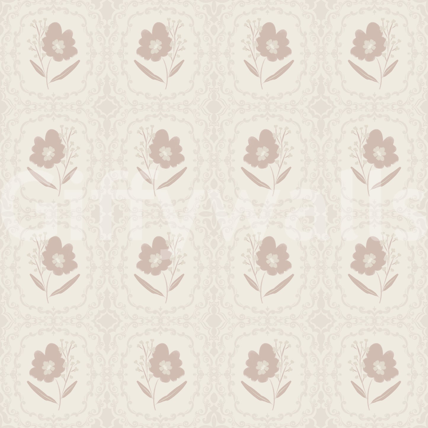 A warm, understated wallpaper featuring tiny floral emblems in a repeated grid.