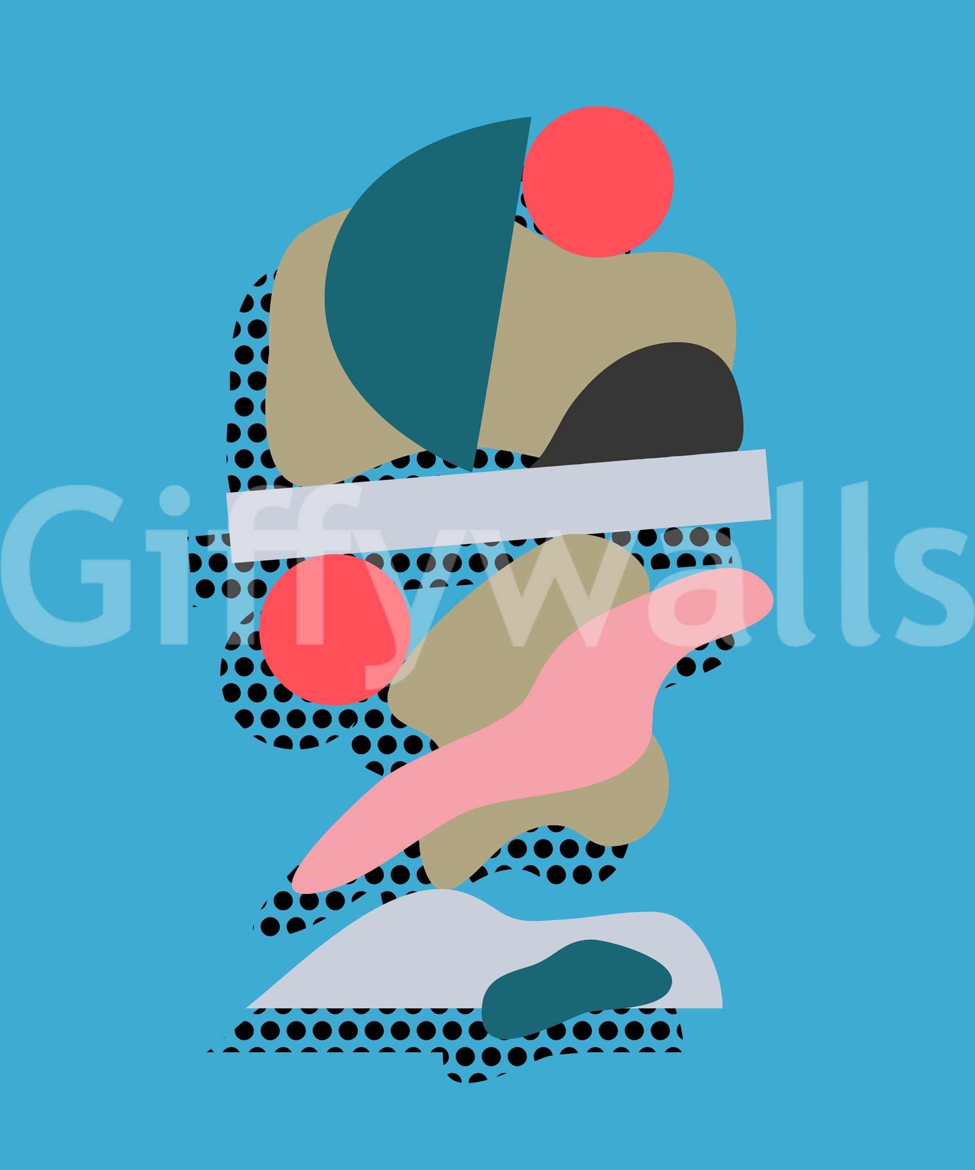 A colorful balanced-forms wallpaper blending curves, blocks, and dotted elements in a modern style.