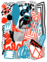 A playful wallpaper combining freeform sketch marks with bold geometric strokes and color.