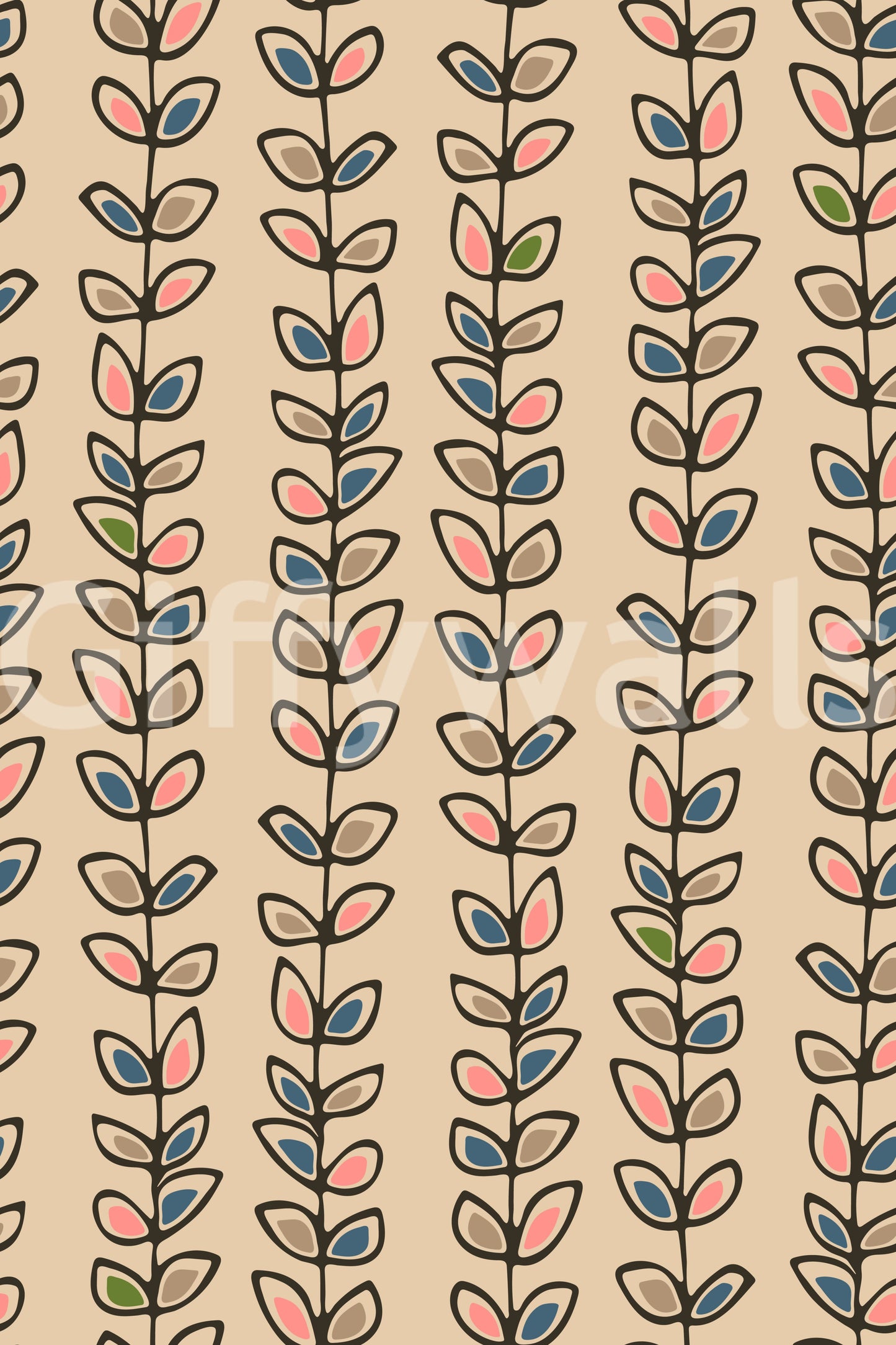 A charming retro leaf wallpaper featuring upward-growing vines in evenly spaced stripes.
